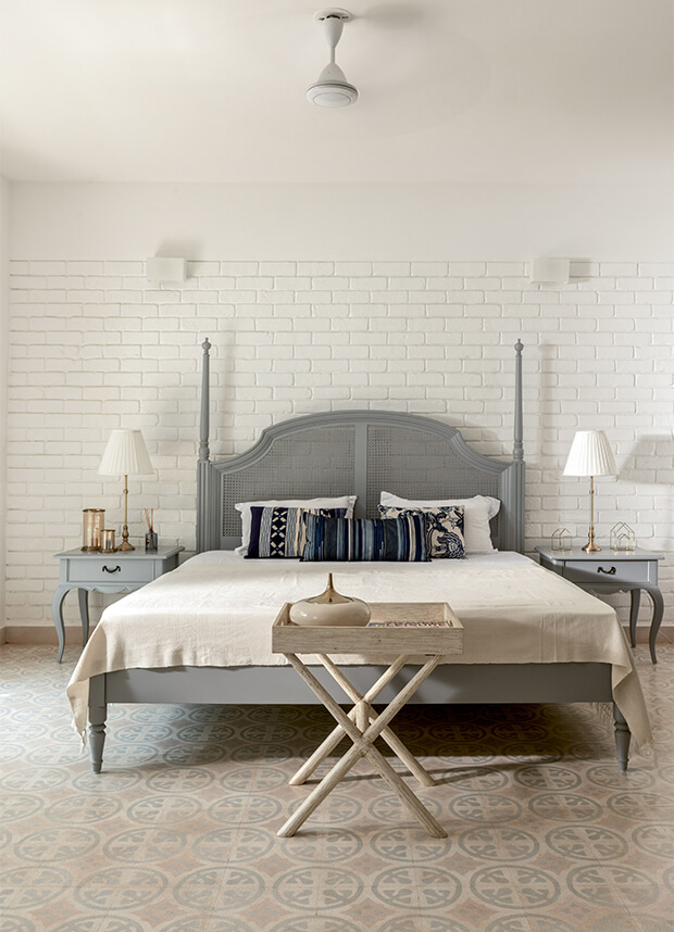 Grey minimalistic bedroom interior design at Reis Magos