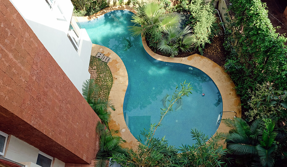 Pool area at our apartments in Reis Magos with lush environs